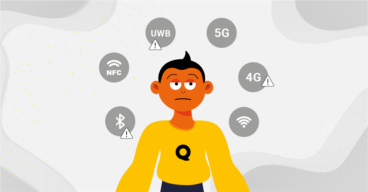 Illustration: challenges of mobile connectivity with UWB, 5G, 4G, NFC, Bluetooth and Wi-Fi